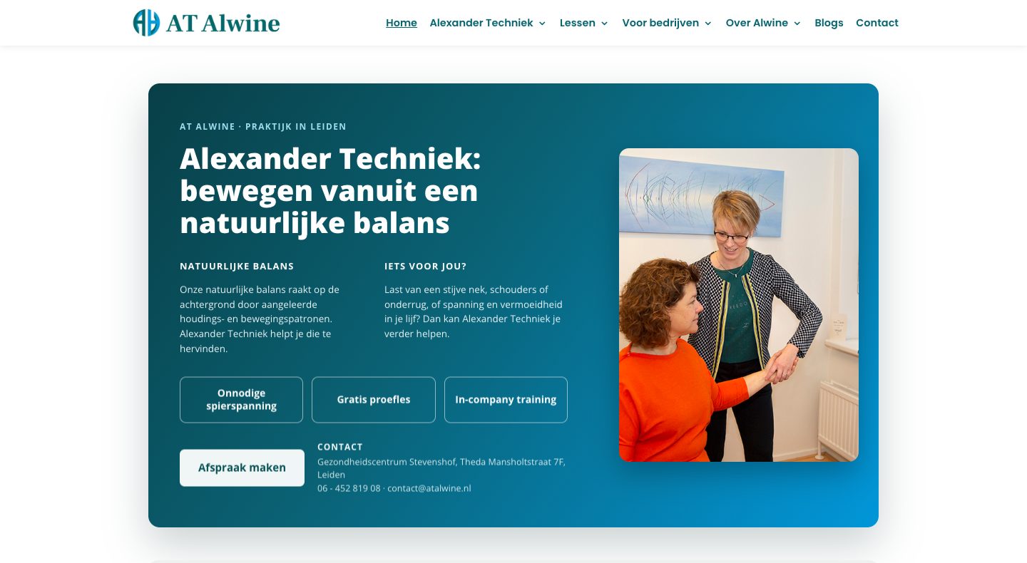 De homepage van atalwine.nl, de website van AT Alwine