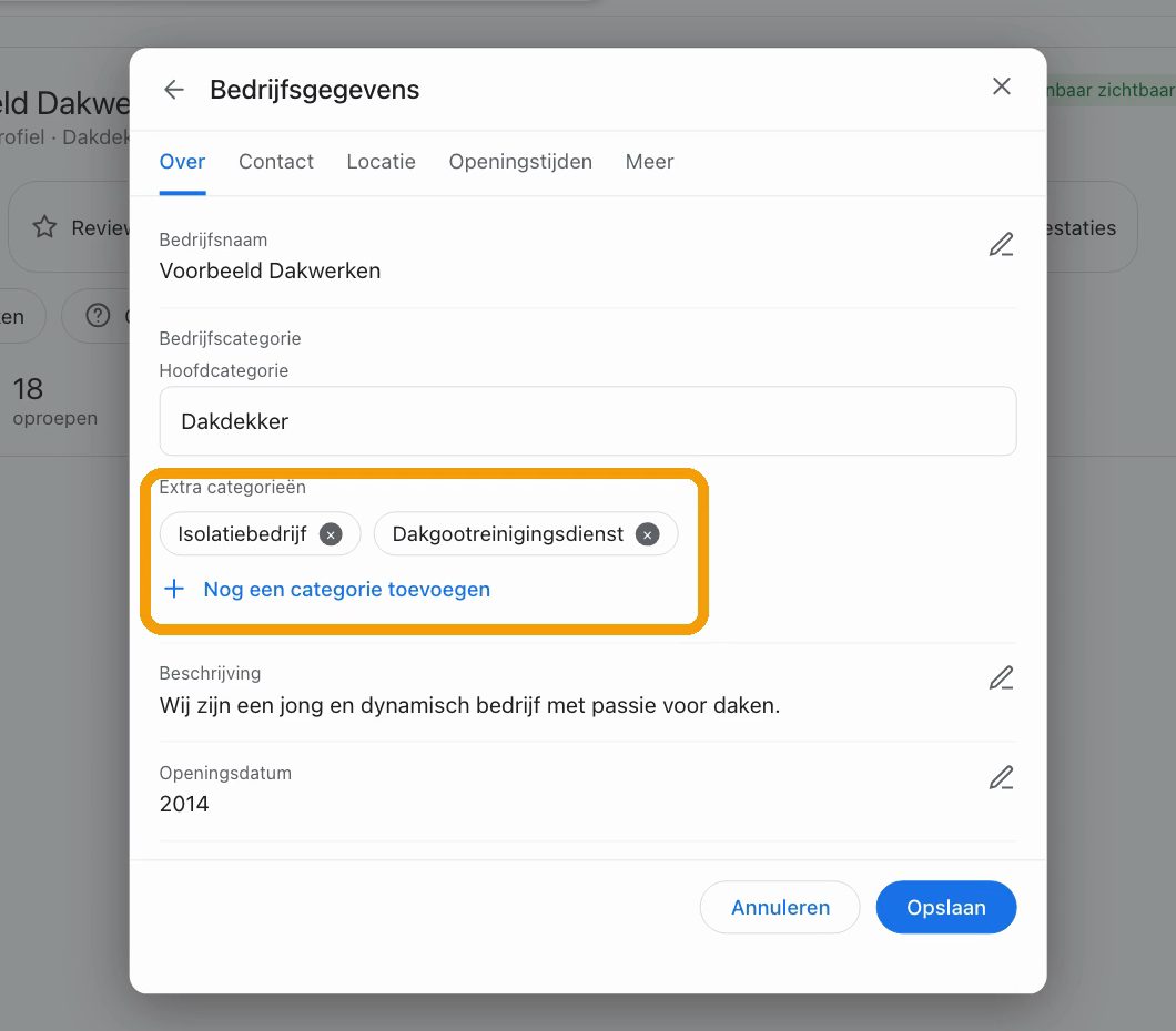 Bewerkscherm van een Google Bedrijfsprofiel met de hoofdcategorie Dakdekker en twee extra categorieën