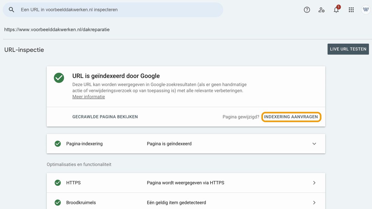 URL-inspectie in Google Search Console met de melding URL is geïndexeerd door Google en de knop Indexering aanvragen