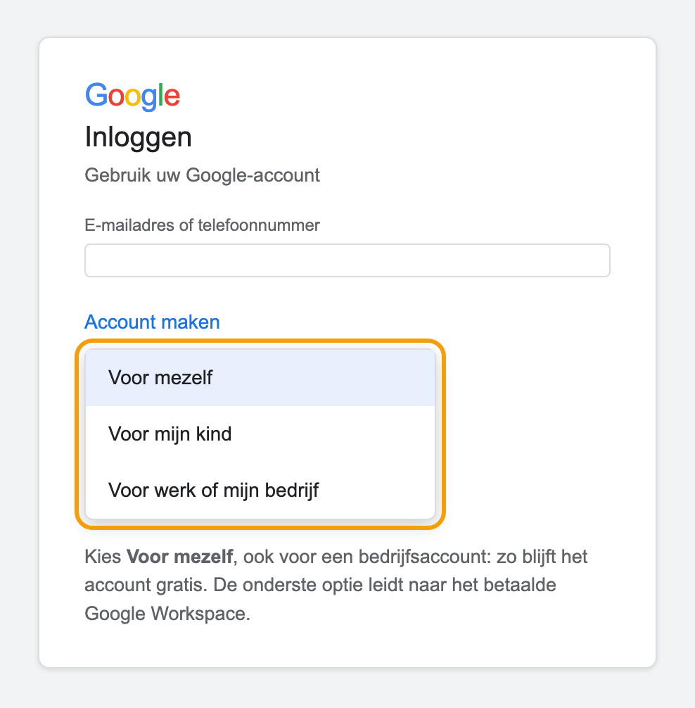Het keuzemenu onder Account maken bij Google, met de opties Voor mezelf en Voor werk of mijn bedrijf