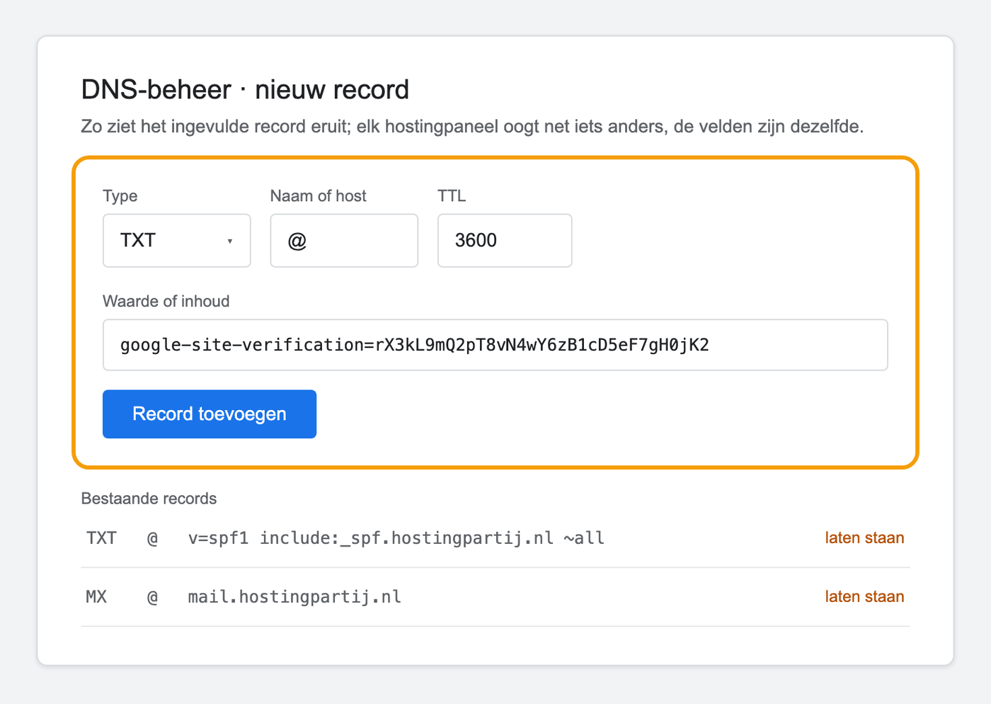 Een ingevuld DNS-formulier met type TXT, naam @ en de google-site-verification-regel als waarde