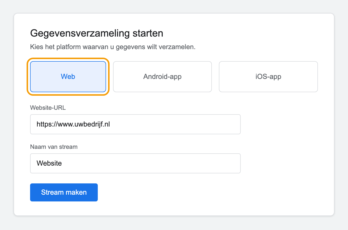 Het scherm voor een nieuwe gegevensstroom met platform Web, de site-URL en de streamnaam