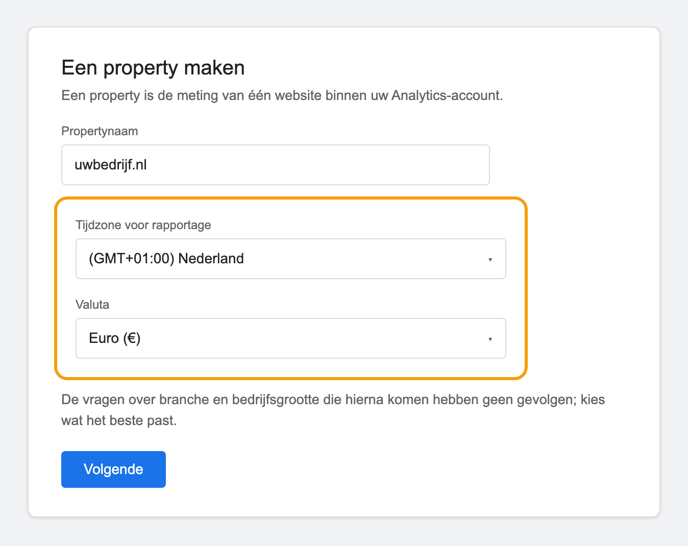 Het propertyscherm van Google Analytics met propertynaam, tijdzone Nederland en valuta euro