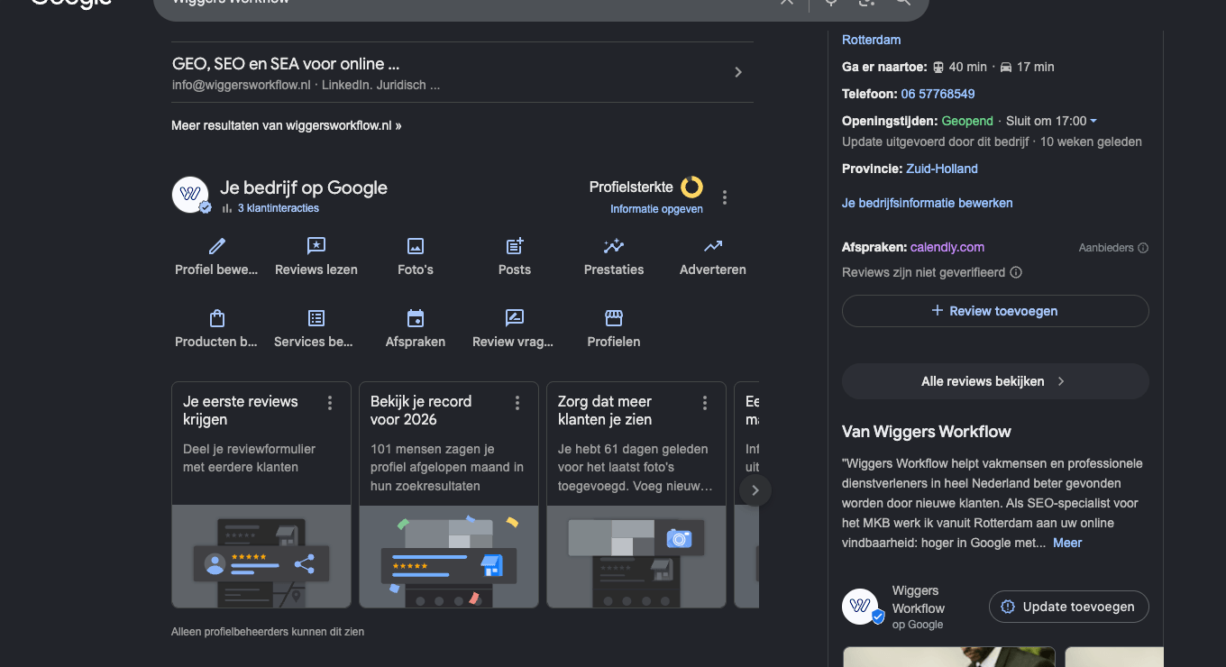 Het blok Je bedrijf op Google tussen de zoekresultaten, met knoppen als Profiel bewerken en Reviews lezen