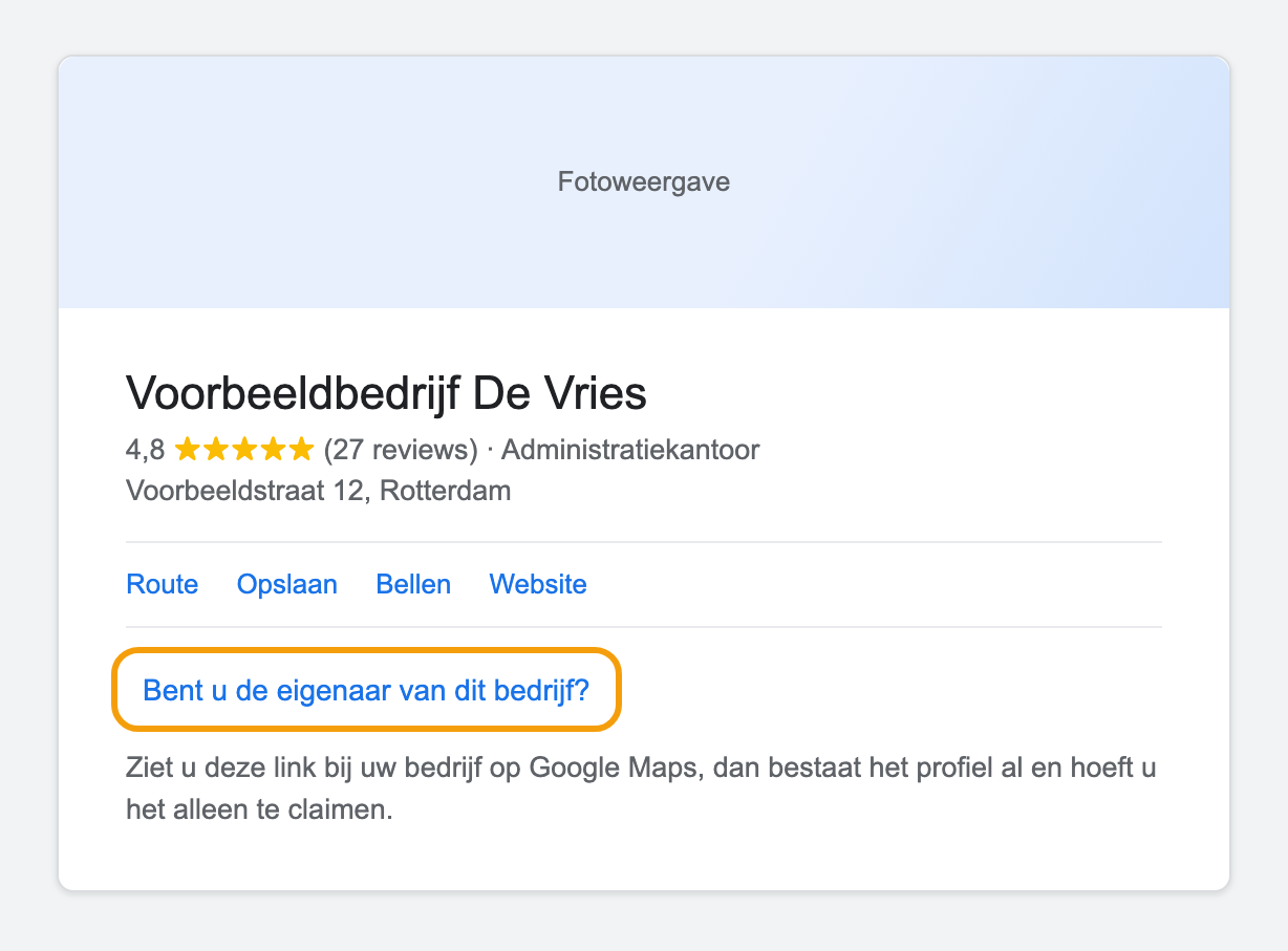 Een bedrijfsvermelding op Google Maps met de link Bent u de eigenaar van dit bedrijf