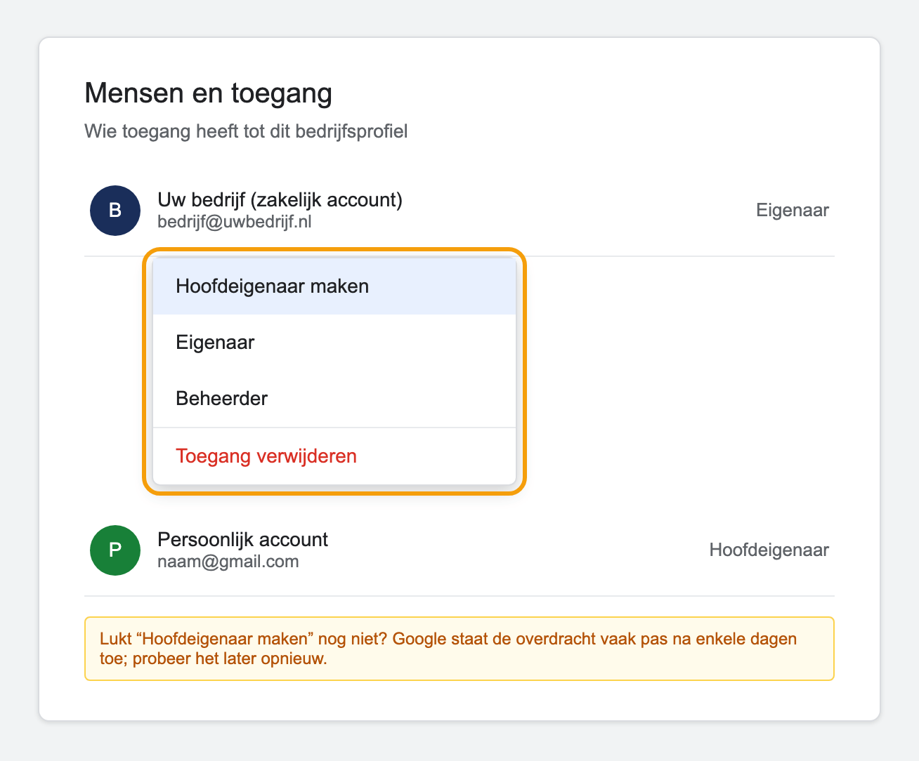Het rolmenu in Personen en toegang met de optie Hoofdeigenaar maken