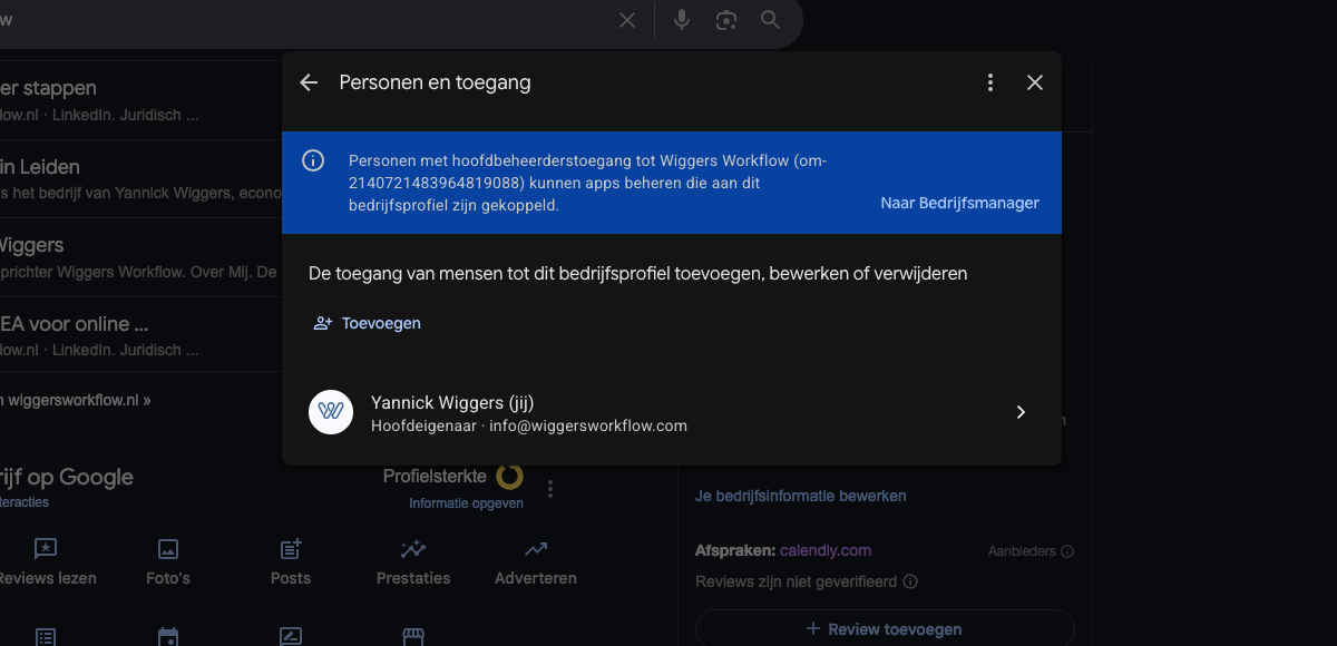 Het scherm Personen en toegang in de instellingen van het Google Bedrijfsprofiel