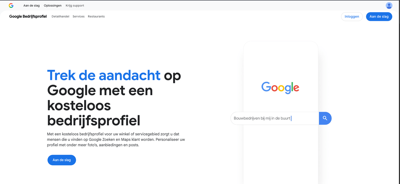 De startpagina van het Google Bedrijfsprofiel met de knop Aan de slag