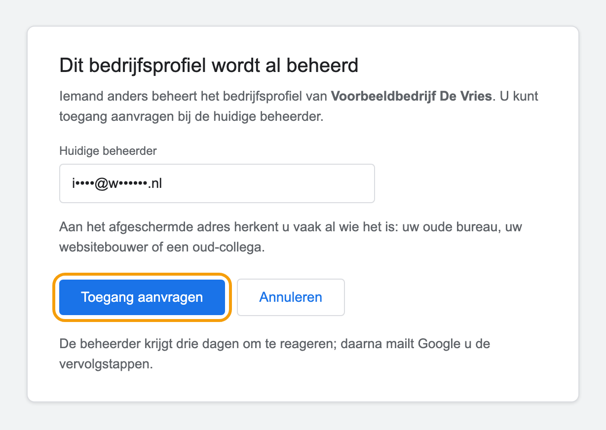 De melding dat een Bedrijfsprofiel al door iemand anders wordt beheerd, met de knop Toegang aanvragen