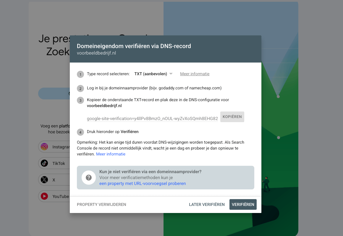 Het venster Domeineigendom verifieren via DNS-record met de te kopieren google-site-verification-regel