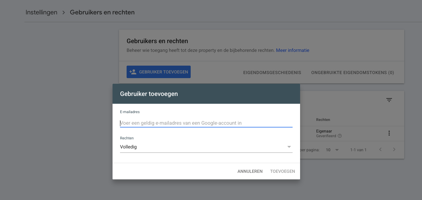 Het venster Gebruiker toevoegen in Search Console met het e-mailveld en de rechten Volledig