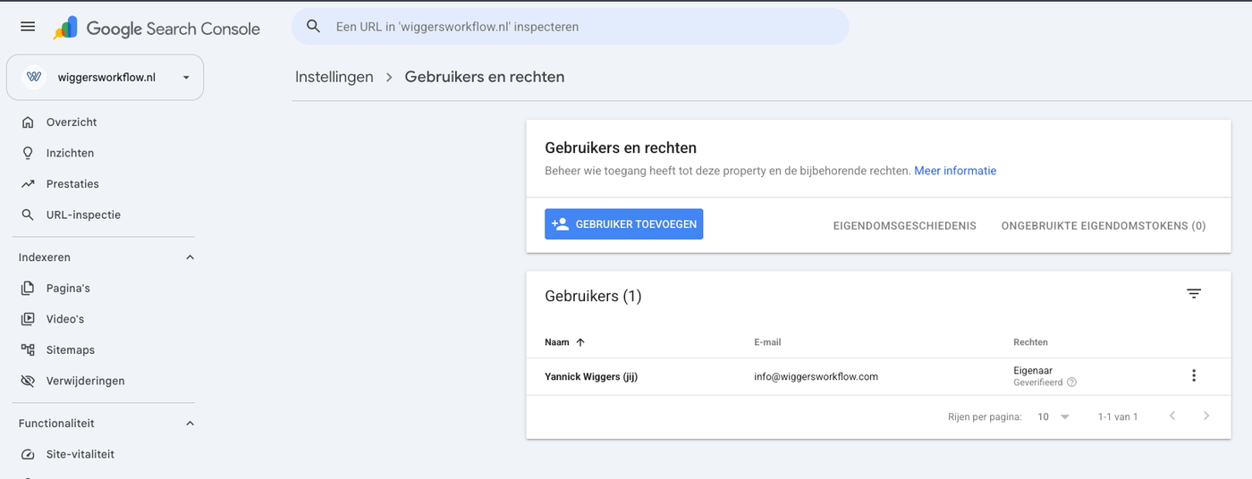 Het scherm Gebruikers en rechten in de instellingen van Google Search Console