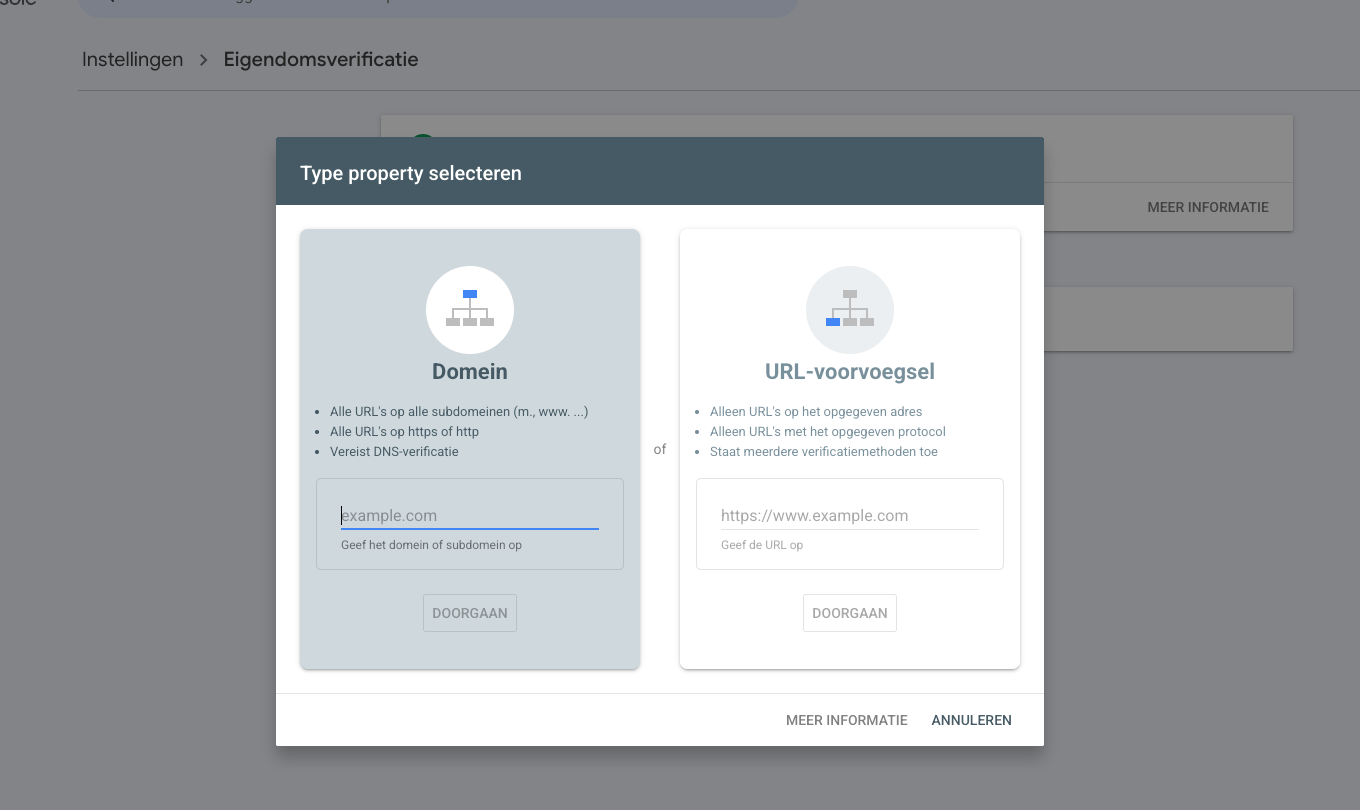 Het scherm Type property selecteren in Google Search Console, met links Domein en rechts URL-voorvoegsel