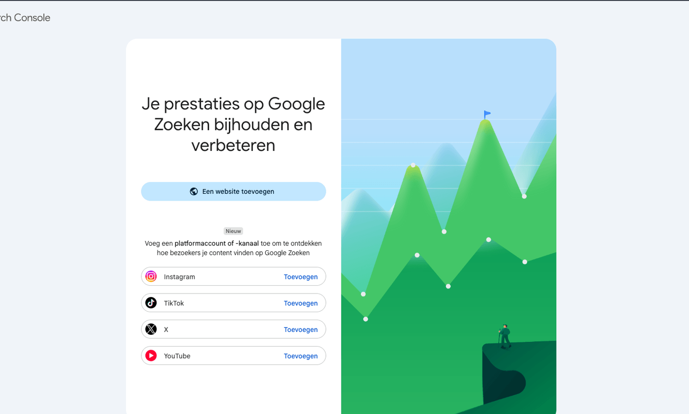 Het welkomstscherm van Google Search Console met de knop Een website toevoegen