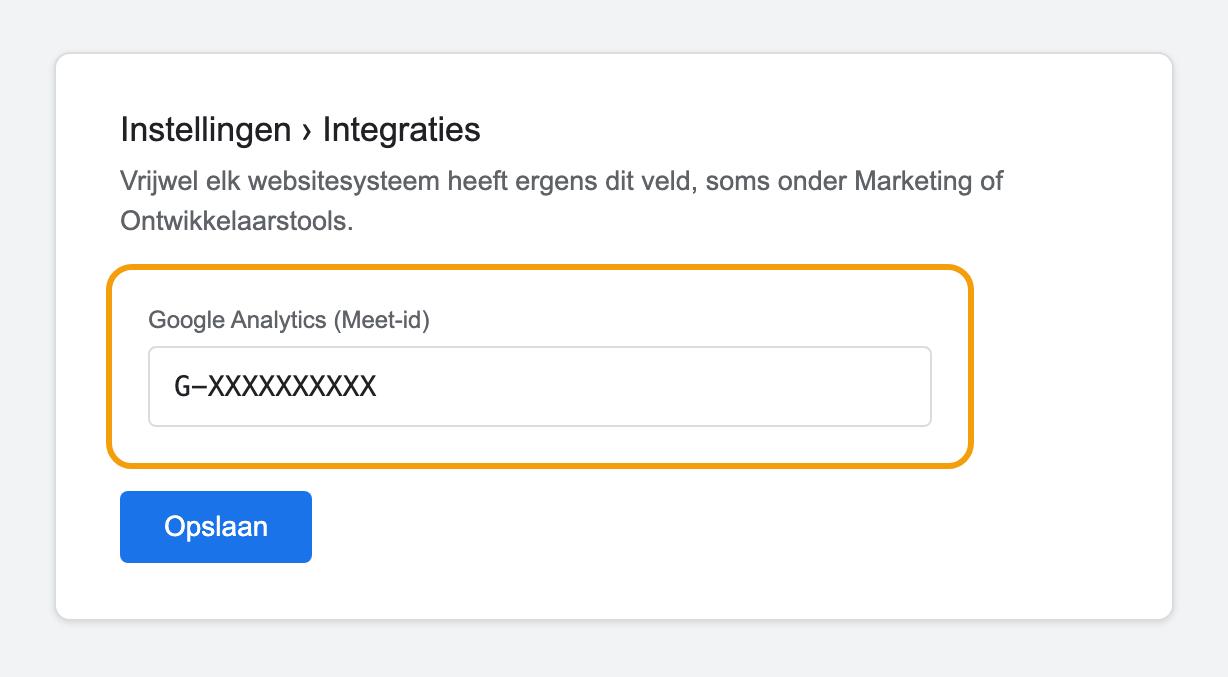 Een Google Analytics-veld in een websitesysteem waarin de Metings-ID wordt geplakt
