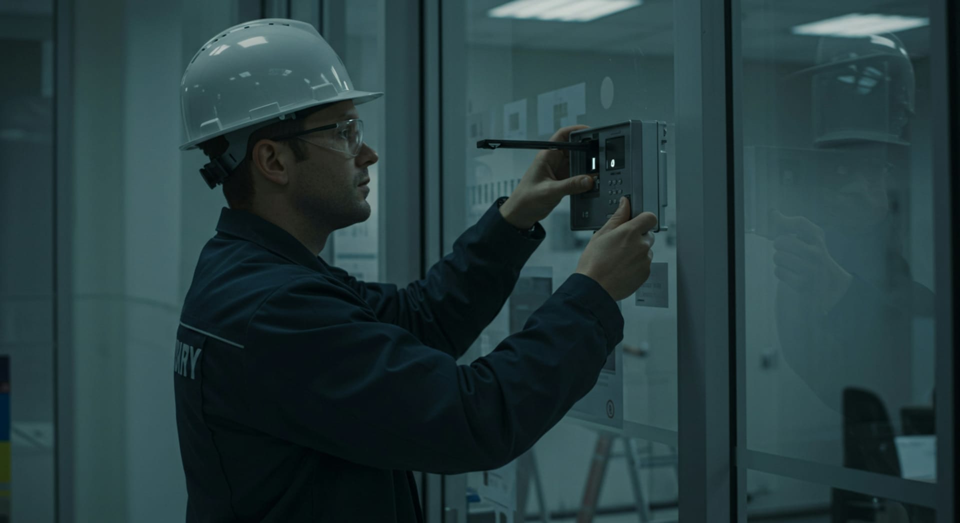 Installateur met helm en veiligheidsbril monteert een systeem aan de wand